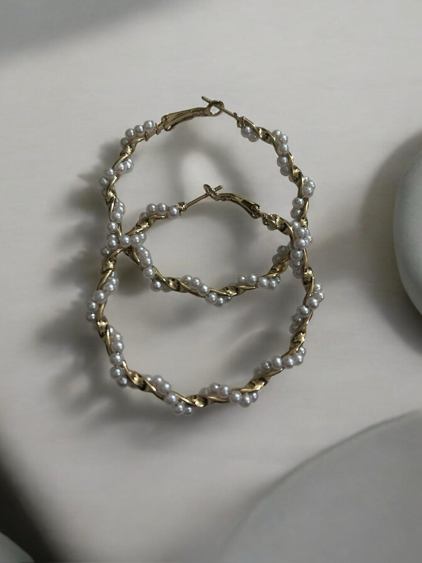 Gold Twisted Hoop Earrings with Pearls