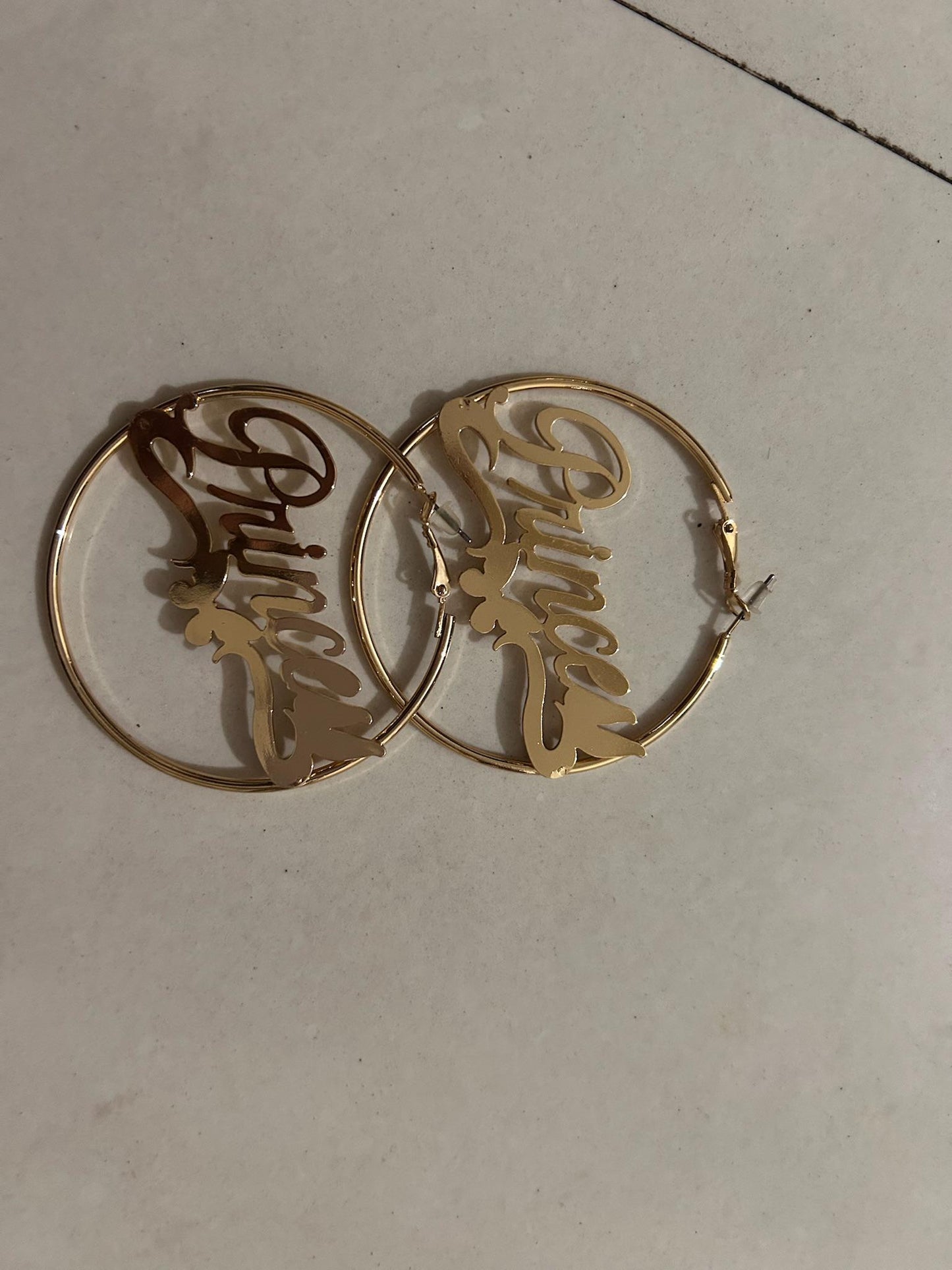 Gold Princess Script Hoop Earrings