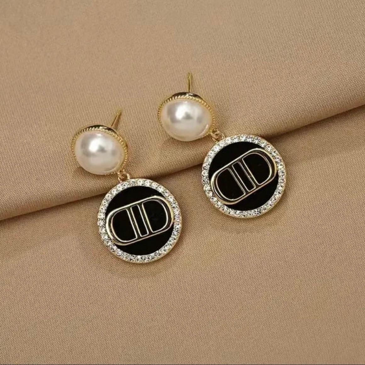 Elegant Pearl & Black Enamel Drop Earrings