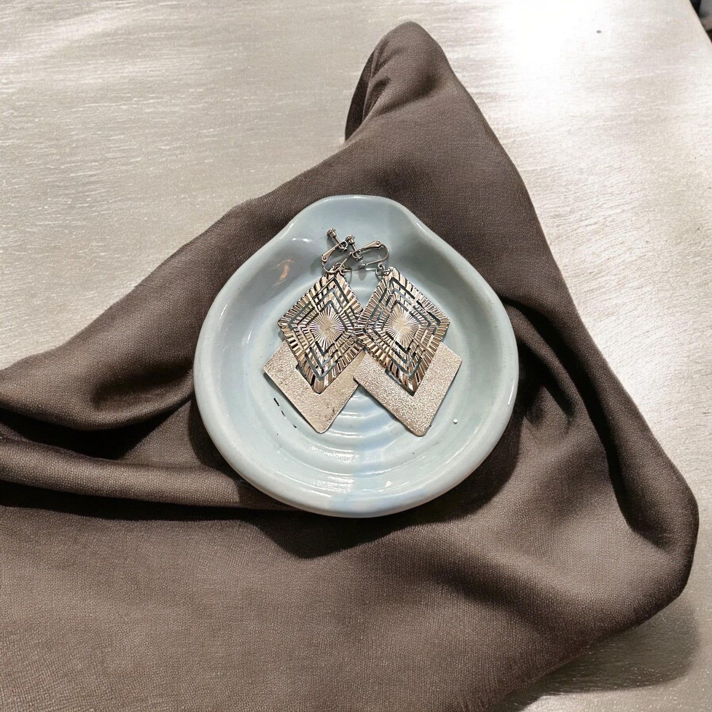 Silver Geometric Diamond Cut Drop Earrings