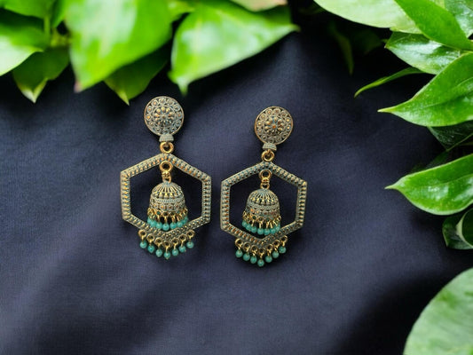 Hexagonal Jhumka Earrings with Green Beads