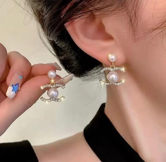 Elegant Pearl & Crystal Double-C Earrings