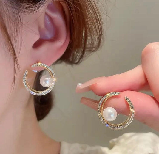 Sparkling Crescent Pearl Earrings