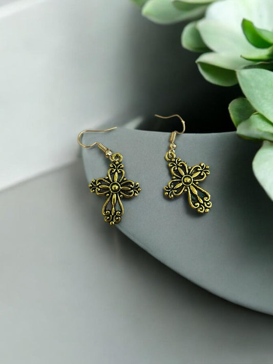 Antique Brass Cross Drop Earrings