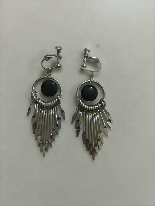 Silver Winged Fan Drop Earrings with Black Stone.