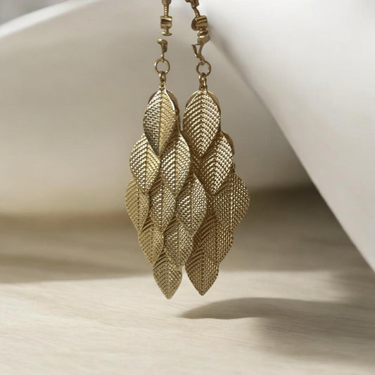 Gold Plated Layered Leaf Drop Earrings