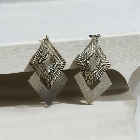 Silver Geometric Diamond Cut Drop Earrings