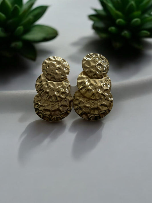 Textured Gold Triple Disc Stud Earrings