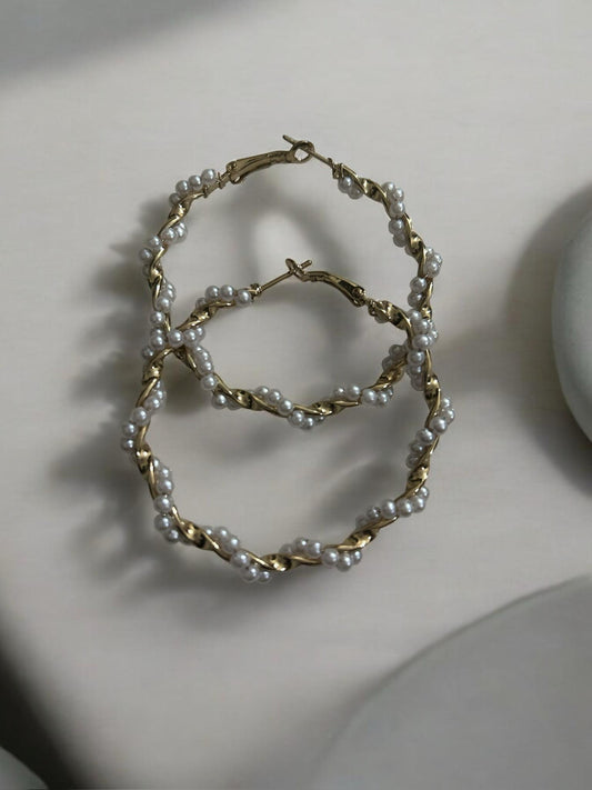 Gold Twisted Hoop Earrings with Pearls