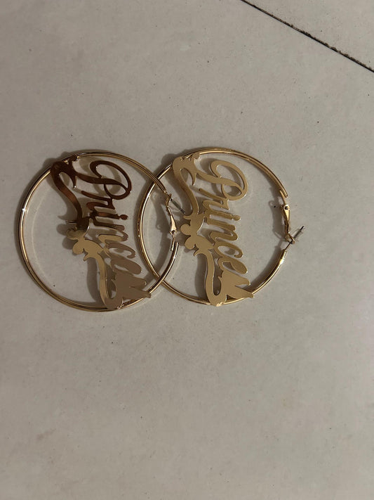 Gold Princess Script Hoop Earrings
