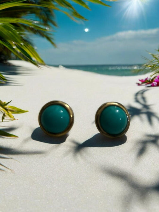Turquoise Button Stud Earrings with Gold Detailing