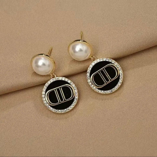 Elegant Pearl & Black Enamel Drop Earrings