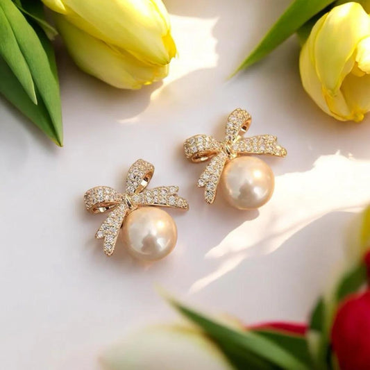 Elegant Bow & Pearl Drop Earrings