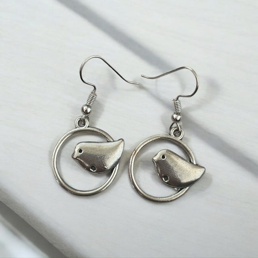 Silver Bird Charm Dangle Earrings