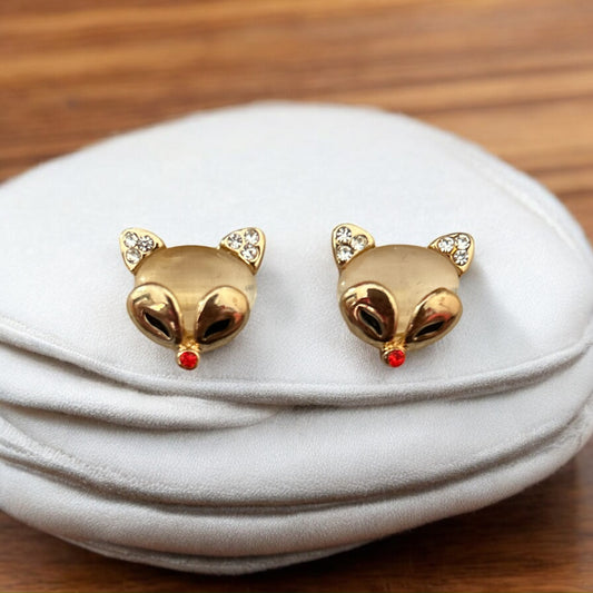 Golden Fox Face Stud Earrings