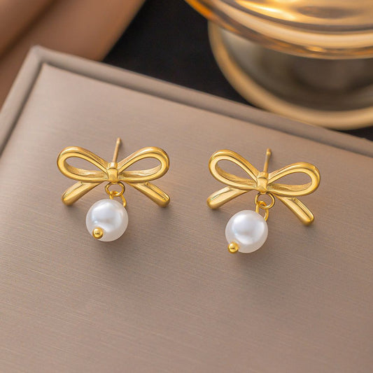 Golden Grace Bow Pearl Studs