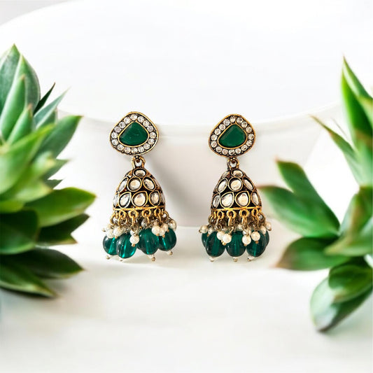 Emerald Glow Kundan Jhumka Earrings