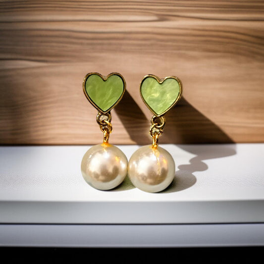 Green Heart Pearl Drop Earrings